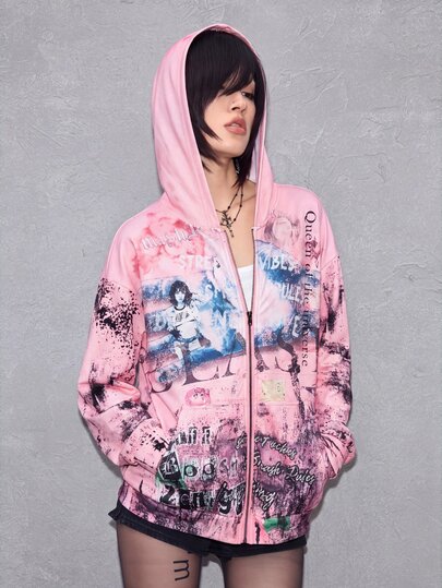 Y2K Felpa con cappuccio a maniche lunghe, stile casual e ampio, con stampa collage di scene di personaggi e slogan alla moda