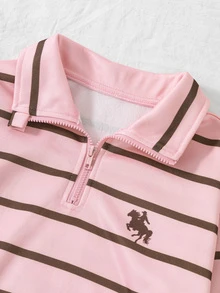 SHEIN Elladie kids 少女長袖 1/4 拉鍊條紋 Polo 領抓絨套頭衛衣，美式學院風寬鬆版型馬匹圖案秋冬上衣 - 彩色 - 查看 6