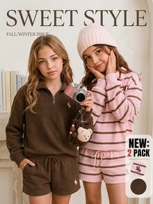SHEIN Elladie kids 少女長袖 1/4 拉鍊條紋 Polo 領抓絨套頭衛衣，美式學院風寬鬆版型馬匹圖案秋冬上衣 - 彩色 - 查看 10