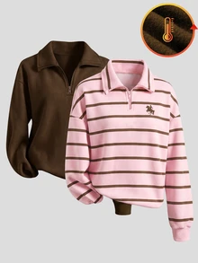SHEIN Elladie kids 少女長袖 1/4 拉鍊條紋 Polo 領抓絨套頭衛衣，美式學院風寬鬆版型馬匹圖案秋冬上衣 - 彩色 - 查看 5