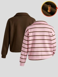 SHEIN Elladie kids 少女長袖 1/4 拉鍊條紋 Polo 領抓絨套頭衛衣，美式學院風寬鬆版型馬匹圖案秋冬上衣 - 彩色 - 查看 3