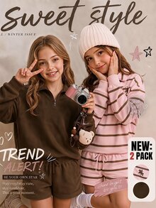 SHEIN Elladie kids 少女長袖 1/4 拉鍊條紋 Polo 領抓絨套頭衛衣，美式學院風寬鬆版型馬匹圖案秋冬上衣 - 彩色 - 查看 2