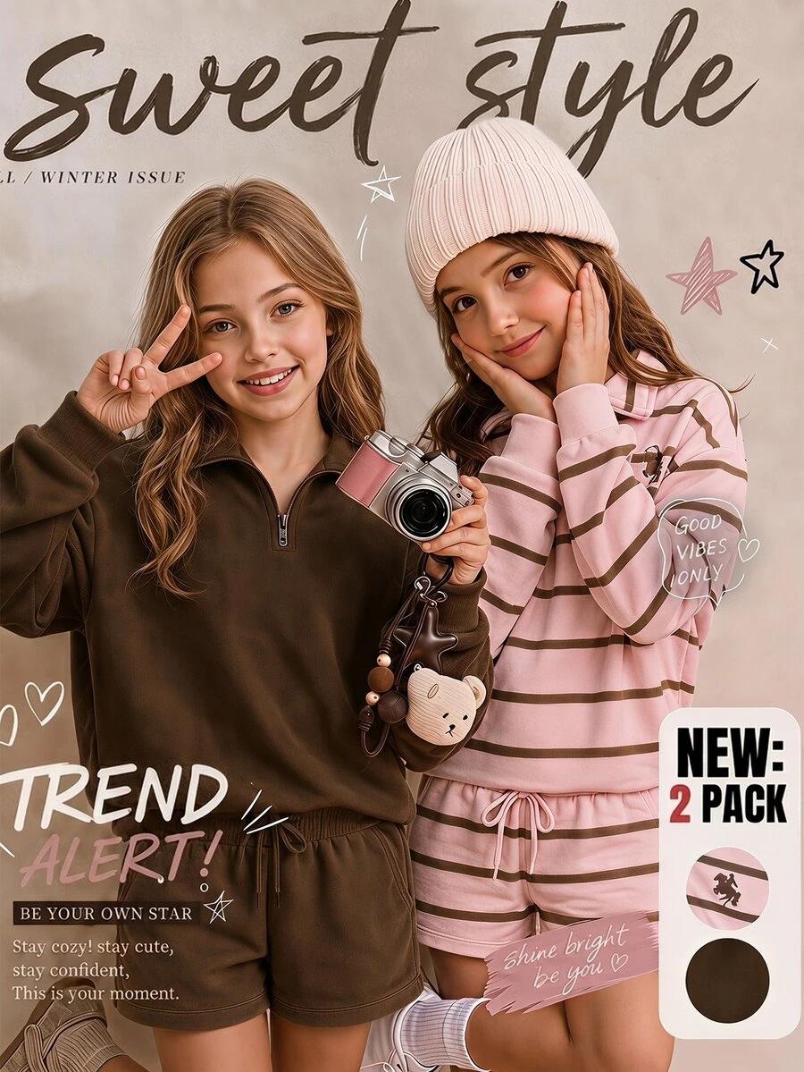 SHEIN Elladie kids 少女長袖 1/4 拉鍊條紋 Polo 領抓絨套頭衛衣，美式學院風寬鬆版型馬匹圖案秋冬上衣