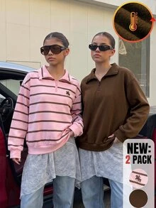 SHEIN Elladie kids 少女長袖 1/4 拉鍊條紋 Polo 領抓絨套頭衛衣，美式學院風寬鬆版型馬匹圖案秋冬上衣 - 彩色 - 查看 4