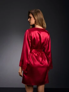 EmpressEnvy Women's Solid Color Splicing Lace Long Sleeve Belted Elegant Sleepwear Luxeloungewear Robe, Fall, Winter - Burgundy - View 3