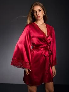 EmpressEnvy Women's Solid Color Splicing Lace Long Sleeve Belted Elegant Sleepwear Luxeloungewear Robe, Fall, Winter - Burgundy - View 6