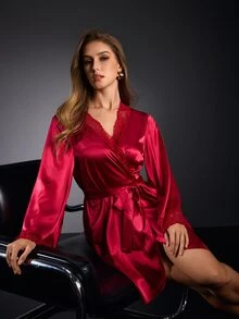EmpressEnvy Women's Solid Color Splicing Lace Long Sleeve Belted Elegant Sleepwear Luxeloungewear Robe, Fall, Winter - Burgundy - View 1