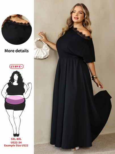 SHEIN CURVE+ Robe ajustée évasée à manches courtes, épaules dénudées, bordure en dentelle, grande taille/Tenue professionnelle élégante