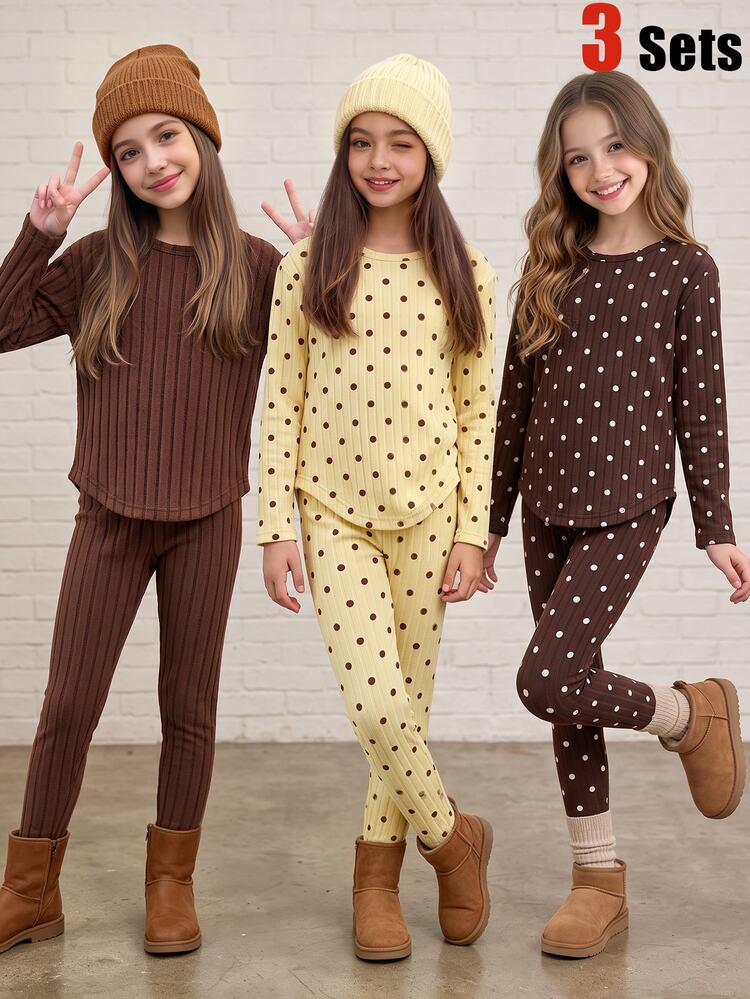SHEIN 3 Pieces Set For Girls, Gentle Vintage Cute Style, Polka Dot Print Long Sleeve Top With Slim Fit Long Pants, Autumn Casual Holiday Outfit, Chocolate Brown, Pale Yellow, Brown - Brown - View 7