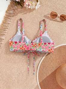 Swim Mod Plus-Size Women's Floral Print Sweet Style Party Pink Tie Slimming Beach Vacation Swimsuit Top - Multicolor - View 6