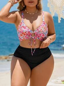 Swim Mod Plus-Size Women's Floral Print Sweet Style Party Pink Tie Slimming Beach Vacation Swimsuit Top - Multicolor - View 4