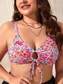Swim Mod Plus-Size Women's Floral Print Sweet Style Party Pink Tie Slimming Beach Vacation Swimsuit Top - Multicolor - View 2