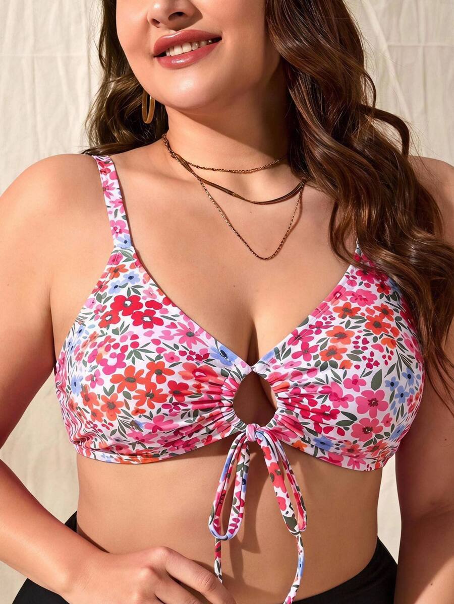 Swim Mod Plus-Size Women's Floral Print Sweet Style Party Pink Tie Slimming Beach Vacation Swimsuit Top