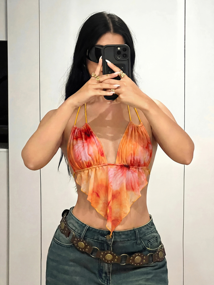 SHEIN ICON 女款時尚性感紮染印花網紗掛脖露背背心紅色上衣，夏季上衣 - 橘色 - 查看 8