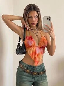 SHEIN ICON Women's Fashion Sexy Tie-Dye Print Mesh Halter Backless Tank Red Top,Summer Top - Orange - View 3