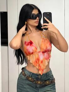 SHEIN ICON Women's Fashion Sexy Tie-Dye Print Mesh Halter Backless Tank Red Top,Summer Top - Orange - View 5