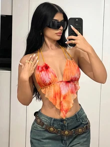 SHEIN ICON Women's Fashion Sexy Tie-Dye Print Mesh Halter Backless Tank Red Top,Summer Top - Orange - View 9