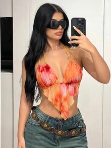SHEIN ICON Women's Fashion Sexy Tie-Dye Print Mesh Halter Backless Tank Red Top,Summer Top - Orange - View 6