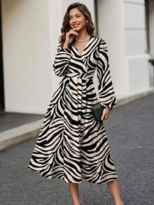 Editum Women's Long Dress, Zebra Print Pattern, Suitable For Commuting, Outings, And Gatherings, Autumn/Winter - Multicolor - View 1
