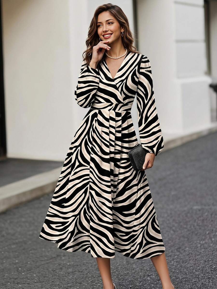 Editum Women's Long Dress, Zebra Print Pattern, Suitable For Commuting, Outings, And Gatherings, Autumn/Winter - Multicolor - View 1