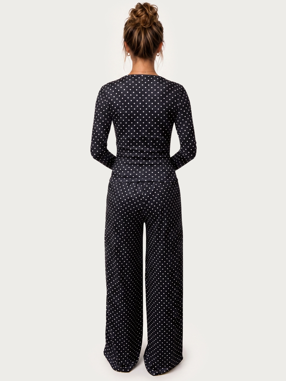 MISSGUIDED TEEN Polka Dot Long Sleeve Scoop Neck Lace Trim Bow Top And Wide Leg Drawstring Lounge Pants Co-Ord Pajama Set