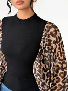 Elenzga Plus Size Women's Leopard Print Batwing Sleeve Top, Autumn Style - Multicolor - View 4