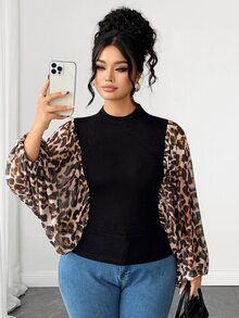 Elenzga Plus Size Women's Leopard Print Batwing Sleeve Top, Autumn Style - Multicolor - View 3