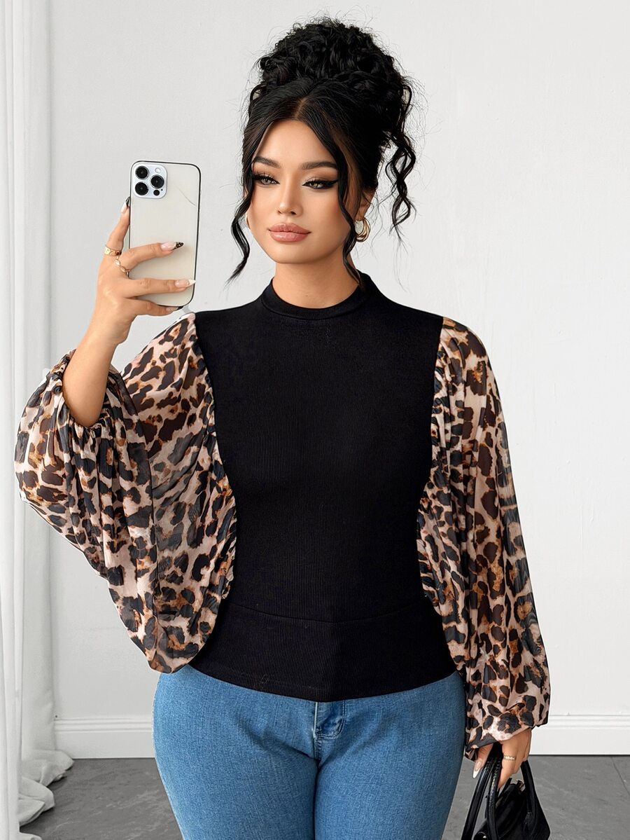 Elenzga Plus Size Women's Leopard Print Batwing Sleeve Top, Autumn Style - Multicolor - View 1
