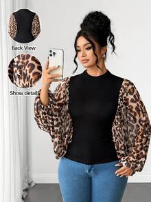 Elenzga Plus Size Women's Leopard Print Batwing Sleeve Top, Autumn Style - Multicolor - View 1