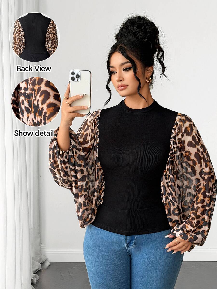 Elenzga Plus Size Women's Leopard Print Batwing Sleeve Top, Autumn Style - Multicolor - View 1