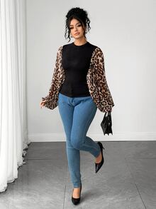 Elenzga Plus Size Women's Leopard Print Batwing Sleeve Top, Autumn Style - Multicolor - View 7