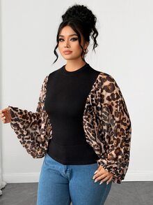 Elenzga Plus Size Women's Leopard Print Batwing Sleeve Top, Autumn Style - Multicolor - View 5