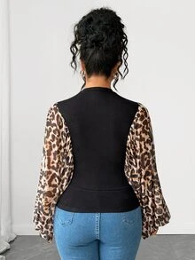 Elenzga Plus Size Women's Leopard Print Batwing Sleeve Top, Autumn Style - Multicolor - View 2