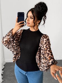 Elenzga Plus Size Women's Leopard Print Batwing Sleeve Top, Autumn Style - Multicolor - View 6