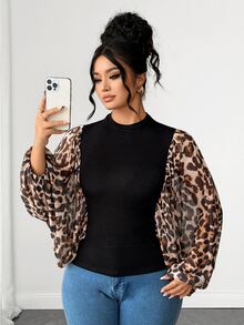 Elenzga Plus Size Women's Leopard Print Batwing Sleeve Top, Autumn Style - Multicolor - View 8
