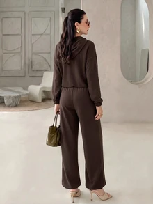 Modelyn سويت شيرت نسائي كاجوال فضفاض متعدد الاستخدامات بسحاب وحبل شد، 33% قطن، بني، وصول جديد للخريف - بني - مشاهدة 2