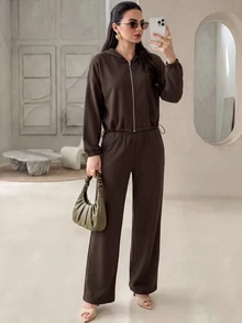 Modelyn سويت شيرت نسائي كاجوال فضفاض متعدد الاستخدامات بسحاب وحبل شد، 33% قطن، بني، وصول جديد للخريف - بني - مشاهدة 4