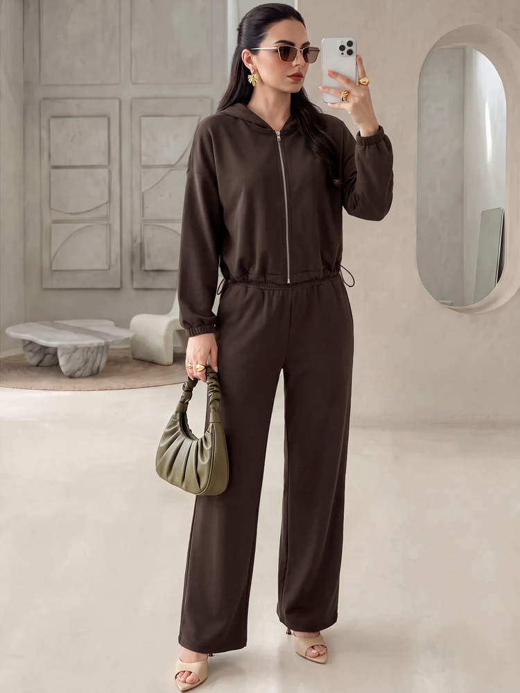 Modelyn 女款休閒寬鬆百搭拉鍊連帽衛衣，附抽繩，33%棉，棕色，秋季新品 - 棕色 - 查看 4