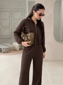 Modelyn سويت شيرت نسائي كاجوال فضفاض متعدد الاستخدامات بسحاب وحبل شد، 33% قطن، بني، وصول جديد للخريف - بني - مشاهدة 5