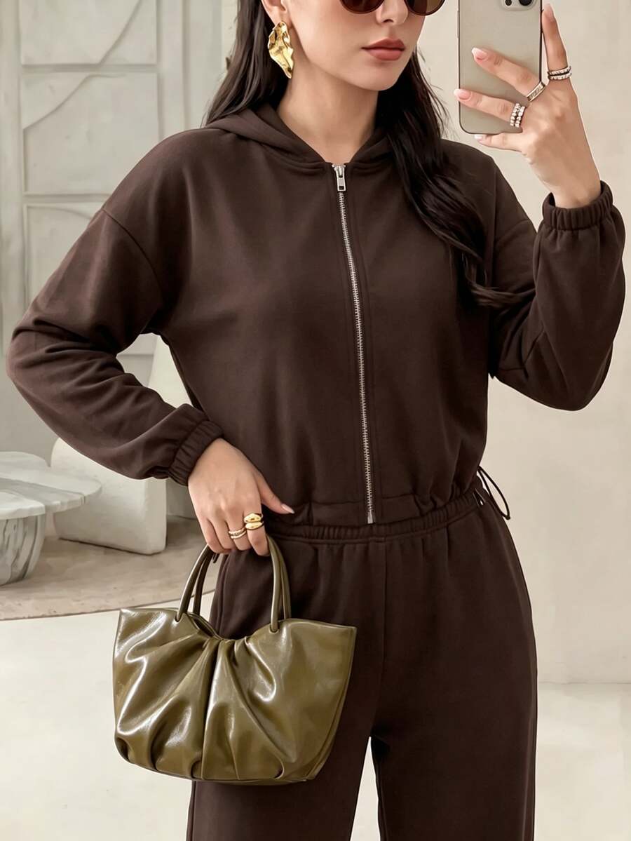 Modelyn سويت شيرت نسائي كاجوال فضفاض متعدد الاستخدامات بسحاب وحبل شد، 33% قطن، بني، وصول جديد للخريف - بني - مشاهدة 1
