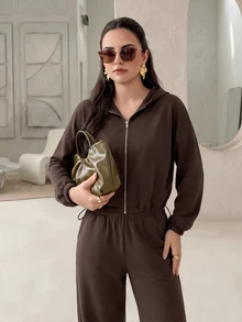 Modelyn سويت شيرت نسائي كاجوال فضفاض متعدد الاستخدامات بسحاب وحبل شد، 33% قطن، بني، وصول جديد للخريف - بني - مشاهدة 7