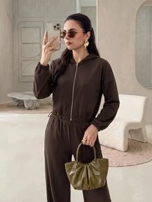 Modelyn سويت شيرت نسائي كاجوال فضفاض متعدد الاستخدامات بسحاب وحبل شد، 33% قطن، بني، وصول جديد للخريف - بني - مشاهدة 6