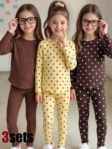 SHEIN Genkimix Kids 3件組女孩軟羅紋套裝，純色與波點印花長袖圓領上衣 + 鬆緊腰打底褲，舒適柔軟中磅秋/冬休閒日常穿著，巧克力棕、淡黃、棕色 - 棕色 - 查看 7