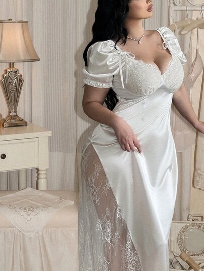 Lyrianda Gaun Panjang Plus Size Pure Desire Lace Deep V Neck Matte Smooth Satin Slim Fit Flattering High Waist Bodycon High Slit Draped, Gaun Panjang Seksi Belahan Tipis dengan Tali Bahu Tipis Berenda Gaya Pure Desire