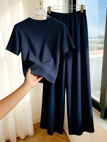 Franclia 2pcs Set:Elegant Navy Blue Button Decor Ribbed T-Shirt&Casual Wide Leg Pants For Autumn Office,Minimalist Round Neck Short Sleeve Knit Top&Pants Set - Royal Blue - View 2