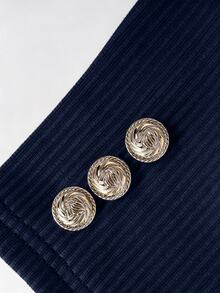 Franclia 2pcs Set:Elegant Navy Blue Button Decor Ribbed T-Shirt&Casual Wide Leg Pants For Autumn Office,Minimalist Round Neck Short Sleeve Knit Top&Pants Set - Royal Blue - View 4