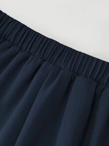 Franclia 2pcs Set:Elegant Navy Blue Button Decor Ribbed T-Shirt&Casual Wide Leg Pants For Autumn Office,Minimalist Round Neck Short Sleeve Knit Top&Pants Set - Royal Blue - View 5