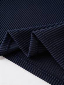 Franclia 2pcs Set:Elegant Navy Blue Button Decor Ribbed T-Shirt&Casual Wide Leg Pants For Autumn Office,Minimalist Round Neck Short Sleeve Knit Top&Pants Set - Royal Blue - View 7
