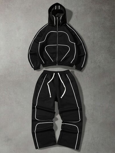 PAVTROS Men's Contrast Trim Hooded Sweatshirt & Sweatpants Set