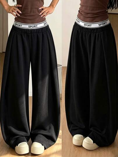 SHEIN Sparklyn Teen Girl Letter Print Casual Low Rise Baggy Versatile Daily Wear Sweatpants Summer Cycling Beach Black